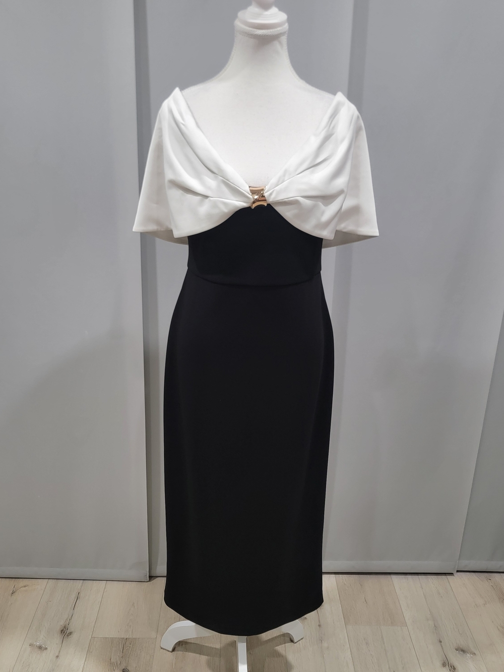 Joseph Ribkoff Black Midi Dress with White Draped Bodice